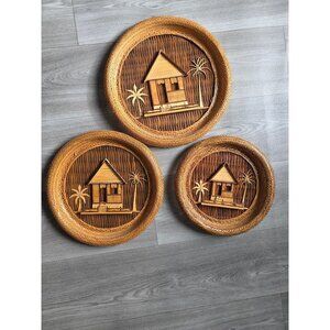 Set Of 3 Handcrafted Bamboo & Rattan Wall Decor Tropical Hut & Palm Tree Design